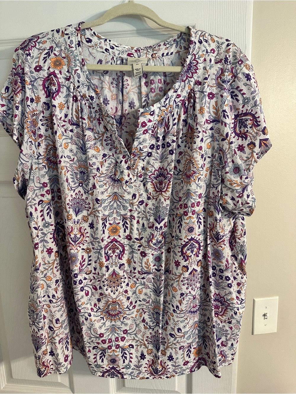 St. John's Bay White Blouse with Purple and Gold Paisley Print